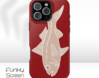 Fish design phone case, Unusual red phone cover with bold fish illustration for iphone 16 Pro Max 15 Plus Magsafe 14 Pro 13 Mini, 12 11 Pro