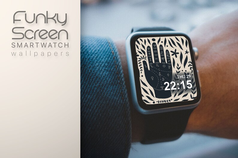 Puede incluir: Un smartwatch con una banda negra y una esfera blanca que muestra una mano negra con l&iacute;neas y s&iacute;mbolos. La hora es 22:15 y la fecha es JUE 29.