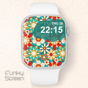 Design del quadrante iWatch con fiori retrò, immagine floreale Groovy dello sfondo di Apple Watch, download istantaneo dello sfondo dell'orologio anni '70, quadrante Hippie Smart Watch