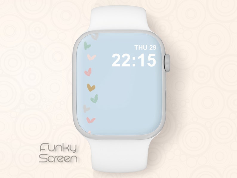 Może przedstawiać: Biały smartwatch z jasnoniebieskim ekranem wyświetlającym godzinę, datę i wz&oacute;r kolorowych serc. Zegarek ma biały pasek, a na dole znajduje się napis "Funky Screen".