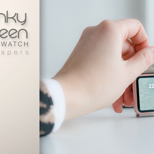 May include: A rose gold smartwatch with a silver band is held by a person. The watch face displays the time 22:15 and a decorative wave pattern. The text "Funky Screen SMARTWATCH wallpapers" is visible.