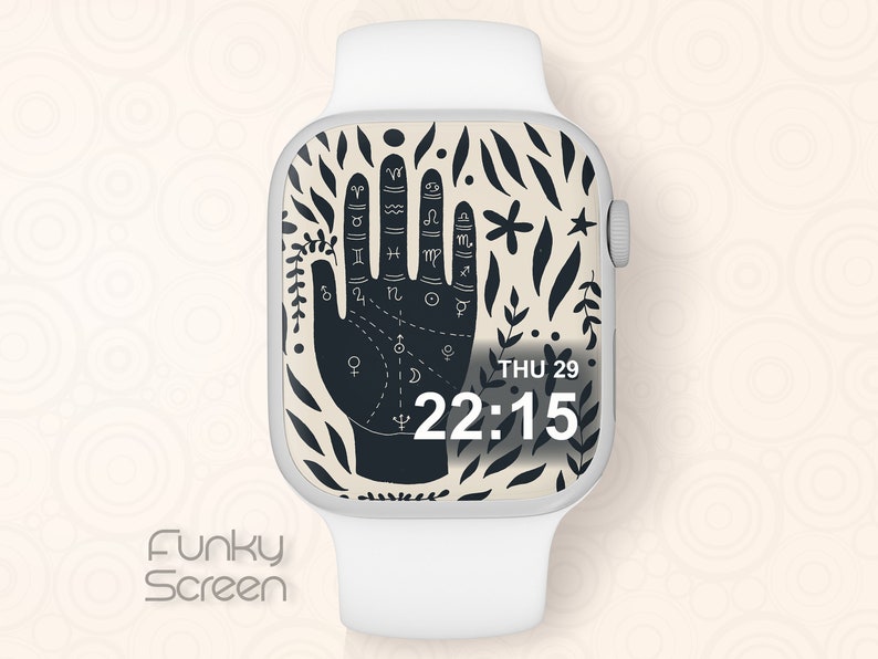 Puede incluir: Un Apple Watch blanco con una esfera de reloj en blanco y negro. La esfera del reloj presenta una mano estilizada con s&iacute;mbolos astrol&oacute;gicos y la hora "22:15" mostrada debajo. El texto "THU 29" se muestra arriba de la hora.