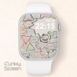 May include: A white Apple Watch with a colorful, patterned watch face featuring a variety of stamps and the text "THU 29" and "22:15".