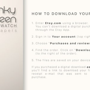May include: A light beige graphic with instructions on how to download files from Etsy. The text includes the Etsy logo, and instructions on how to download digital purchases. The Funky Screen Smartwatch wallpapers logo is at the top left.