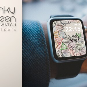 May include: A smartwatch face with a travel theme. The face is a white background with a colorful design of passport stamps and city names. The time is 22:15 and the date is Thu 29.