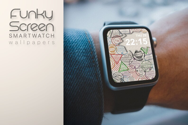May include: A smartwatch face with a travel theme. The face is a white background with a colorful design of passport stamps and city names. The time is 22:15 and the date is Thu 29.