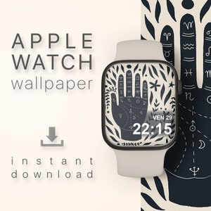Puede incluir: Un Apple Watch blanco con una esfera negra que muestra una mano con s&iacute;mbolos astrol&oacute;gicos y la fecha y la hora "VEN 29 22:15".