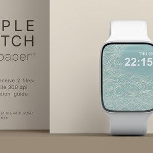 May include: White Apple Watch with a teal and cream wave pattern wallpaper. The watch face displays the time 22:15 and the date. The image also shows text that reads "APPLE WATCH wallpaper" and "You will receive 2 files: - 1 JPG file 300 dpi - installation guide."