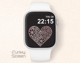 Diseño de esfera de reloj con corazón floral, fondo de pantalla de Apple Watch, esfera de Apple Watch de San Valentín, fondo de pantalla de reloj inteligente con corazón de oro rosa para iWatch