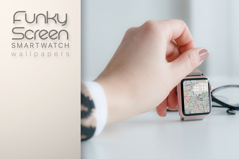 May include: A rose gold smartwatch with a colorful abstract design on the screen. The time is 22:15. The watch is on a white surface.