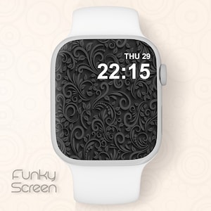 Black lace Watch Wallpaper online download, Black floral Apple Watch Face, Black Aesthetic wallpaper, Black Fitbit Watch Background digital