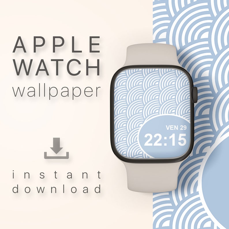 May include: A white Apple Watch with a blue and white geometric pattern wallpaper. The watch face displays the time 22:15 and the date VEN 29.