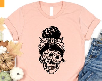 Halloween Skull Mom Shirt, Messy Bun Skull Shirt, Funny Halloween Mama Shirt, Mama Life Tshirt, Cool Mom Gift, Mothers Day, Skeleton Mom Tee