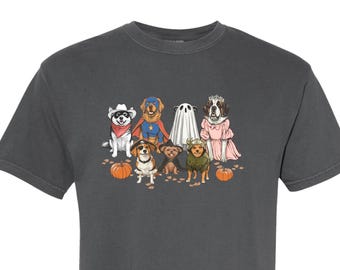 ハロウィン犬Tシャツ　コスチュームを着た犬たち　コンフォートカラーズTシャツ