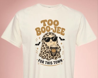 Comfort Colors Too Boo-Jee ハロウィンシャツ、ヒョウ柄ゴーストパンプキンスパイスTシャツ、おもしろい不気味な季節のTシャツ、女性へのかわいい秋のギフト