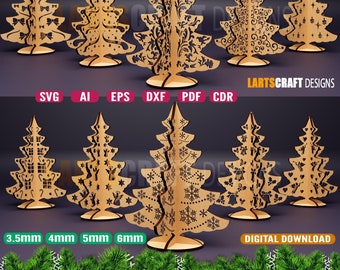 3D Christmas tree stands laser cut decor files pack Glowforge Table lamp 3.5mm 4mm 5mm 6mm SVG, dxf, Ai, Eps, Cdr, Pdf