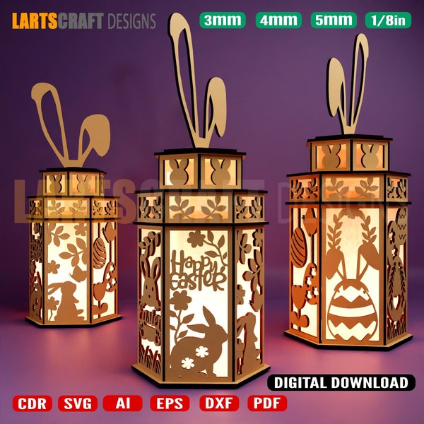 Easter lantern with door night light candle holder 3mm, 3.18mm, 4mm, 5mm laser cut file Glowforge Table lamp SVG, dxf, Ai, Eps, Cdr,Pdf