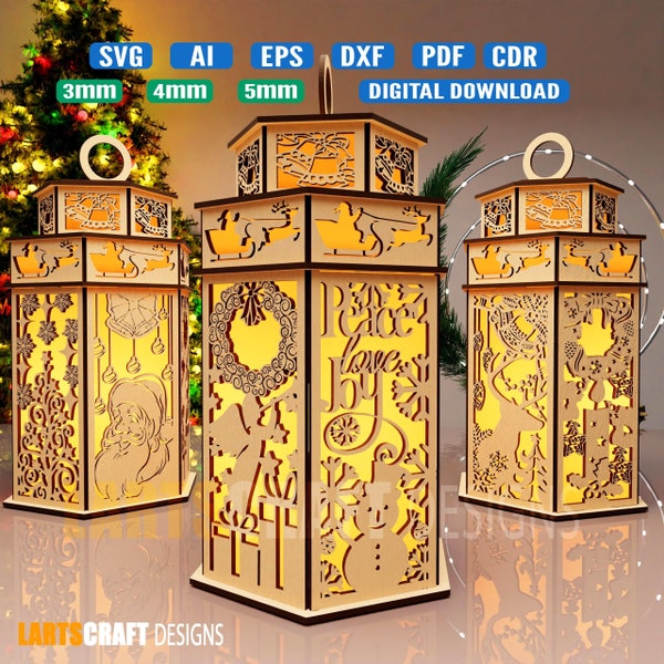 Lanterne de Noël avec porte-bougie veilleuse 3 mm 4 mm 5 mm fichier découpé au laser Glowforge Lampe de table modèle SVG, dxf, Ai, Eps, Cdr, Pdf