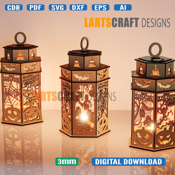 Halloween lantern with door night light candle holder laser cut file Glowforge Table lamp SVG, dxf, Ai, Eps, Cdr, Pdf template