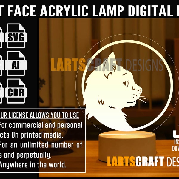 Cat face Acrylic lamp svg dxf cdr pdf ai eps files for Laser Cut, CNC, Digital Vector File Glowforge Ready | Instant Download