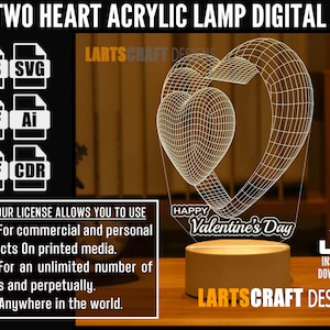 Two 3D heart valentine Acrylic lamp svg dxf cdr pdf ai eps files for Laser Cut, CNC, Digital Vector File Glowforge Ready | Instant Download