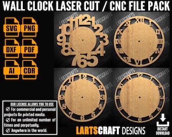 Set quadrante orologio da parete Pacchetto CNC Pacchetto taglio laser Modello vettoriale SVG per CNC e taglio laser Glowforge, cricut / Download istantaneo