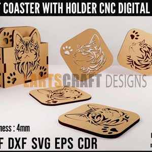 Kattenonderzetter met houder Svg, Dxf, Cdr, Pdf vectorbestanden voor 4 mm hout lasersnijden | Direct downloaden | Klaar voor Glowforge