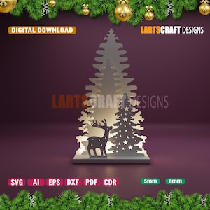 Árbol de Navidad 3D Escena de renos Decoración de mesa navideña Archivo cortado con láser Lámpara de mesa Glowforge 5 mm 6 mm SVG, dxf, Ai, Eps, Cdr, Pdf