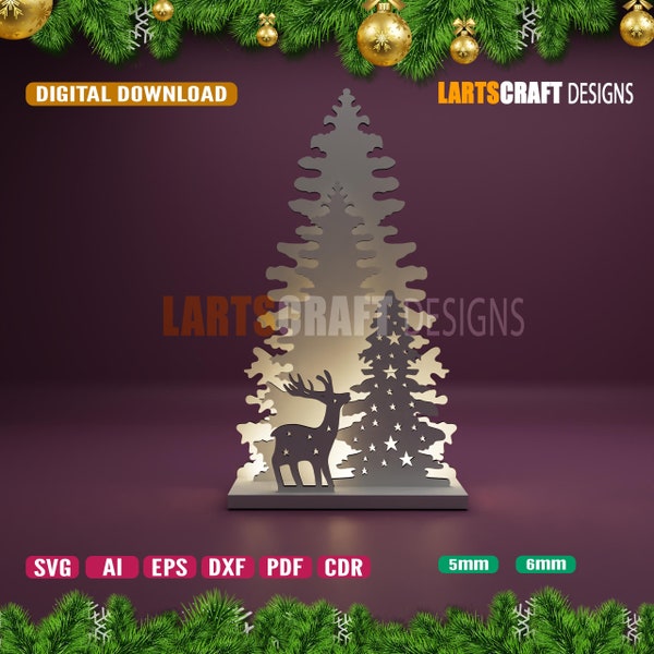 3D Christmas Tree Reindeer Scene Christmas Table Decoration Laser Cut file Glowforge Table lamp 5mm 6mm SVG, dxf, Ai, Eps, Cdr, Pdf
