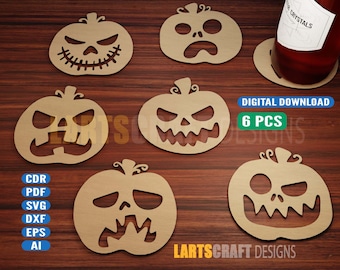 Halloween pumpkin face Coaster pack (6 PCS) digital file Svg, Dxf, Cdr, Pdf vector files Laser Cutting | Instant download | Glowforge Ready