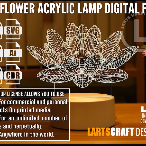 3D flower Acrylic lamp file for Gift Laser Cut,CNC Cutting, Cdr, Pdf, Dxf, Svg, Ai, Digital Vector Files, Glowforge Ready | Instant Download