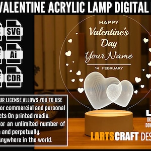 3D valentines day greeting heart LED Acrylic Lamp optical illusion Vector file CNC and Laser Cutting | Instant Download
