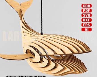 Lampe baleine en bois CNC 4 mm découpé au laser Puzzle paramétrique 3D Fichiers vectoriels Svg, Dxf, Cdr, Pdf | Téléchargement instantané | Prêt pour la Forge Lumineuse