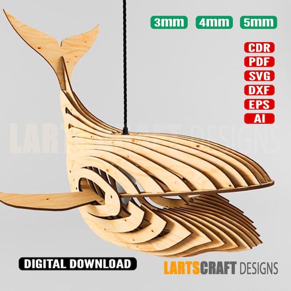 Wooden Whale Lamp CNC 4mm Laser cut 3D Parametric Puzzle Svg, Dxf, Cdr, Pdf vector files | Instant download | Glowforge Ready