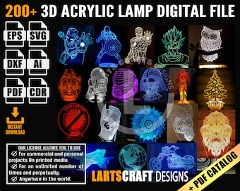200 3D Night Illusion LED Acrilico ottico Illusion Lamp Pacchetto file vettoriale per incisione laser CNC / uso commerciale / + catalogo PDF