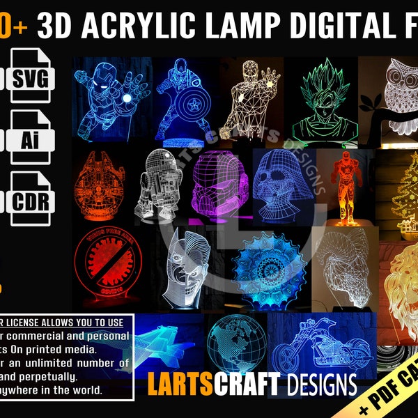 200 3D Nacht Illusion LED Acryl optische Täuschung Lampe Vektor Datei Paket für CNC Laserschnitt Gravur | kommerzielle Nutzung | + PDF Katalog