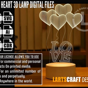 3D Love heart  Illusion LED Acrylic Lamp Vector file CNC and Laser Cutting | Instant Download