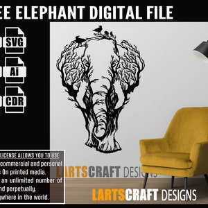 Arquivo vetorial digital de elefante em formato de árvore para arte de parede em formato SVG, AI, DXF, PDF, EPS e CDR para laser de plasma CNC Glowforge Ready | Download instantâneo