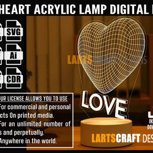 3D heart with love text valentine Acrylic lamp svg dxf cdr pdf ai eps files for Laser Cut, Vector File Glowforge Ready | Instant Download