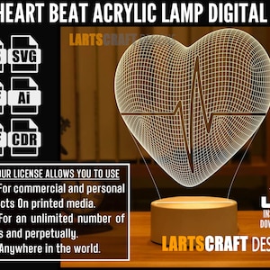 3D Heart Beat valentine Acrylic lamp SVG, DXF files for Laser Cut, CNC, engraving  Digital Vector File Glowforge Ready | Instant Download
