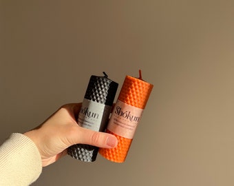 Halloween Beeswax Pillar Candles - Hand-Rolled Wide candles - Black and orange candle set - 100%  Pure Honeycomb Candles -  Halloween decor