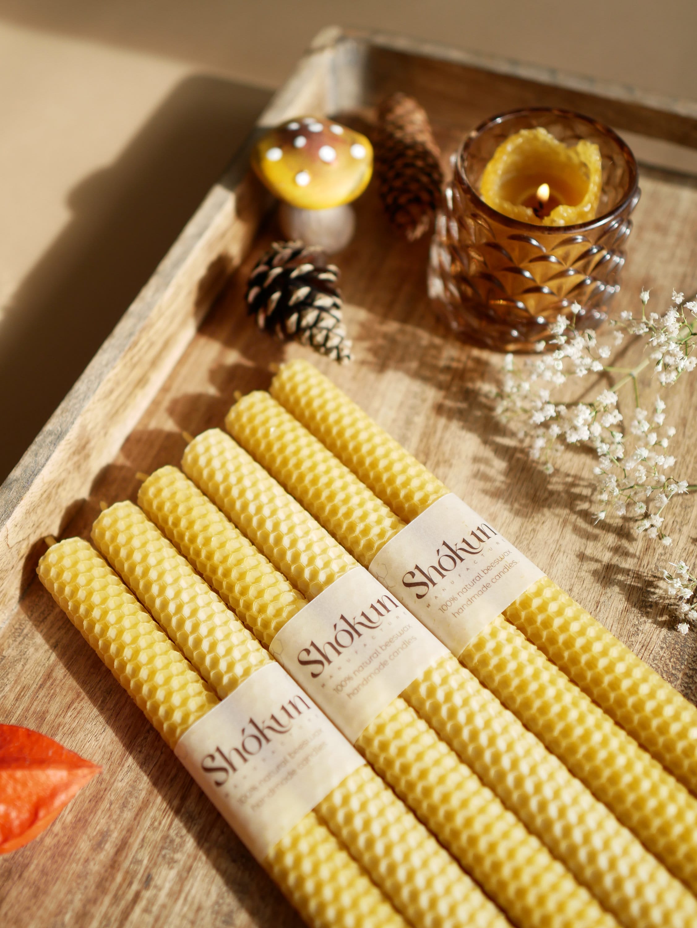 Pack 6 Velas Cera De Abeja Pura + 2 Palos Santox XL - Artesanales, Con Forma De Panal | Decoración Y Ambiente
