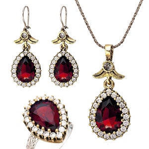 Set di gioielli a goccia rosso rubino, collana, orecchini e anello ottomani in argento sterling 925 fatti a mano, Midyat turco in argento, regalo per lei