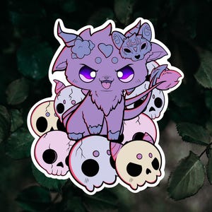 Cute Purple Fox Sticker | Gothic Fantasy Art | Handmade Vinyl Sticker | Kawaii Fox on Skull Pile | Spooky Cute Stationery