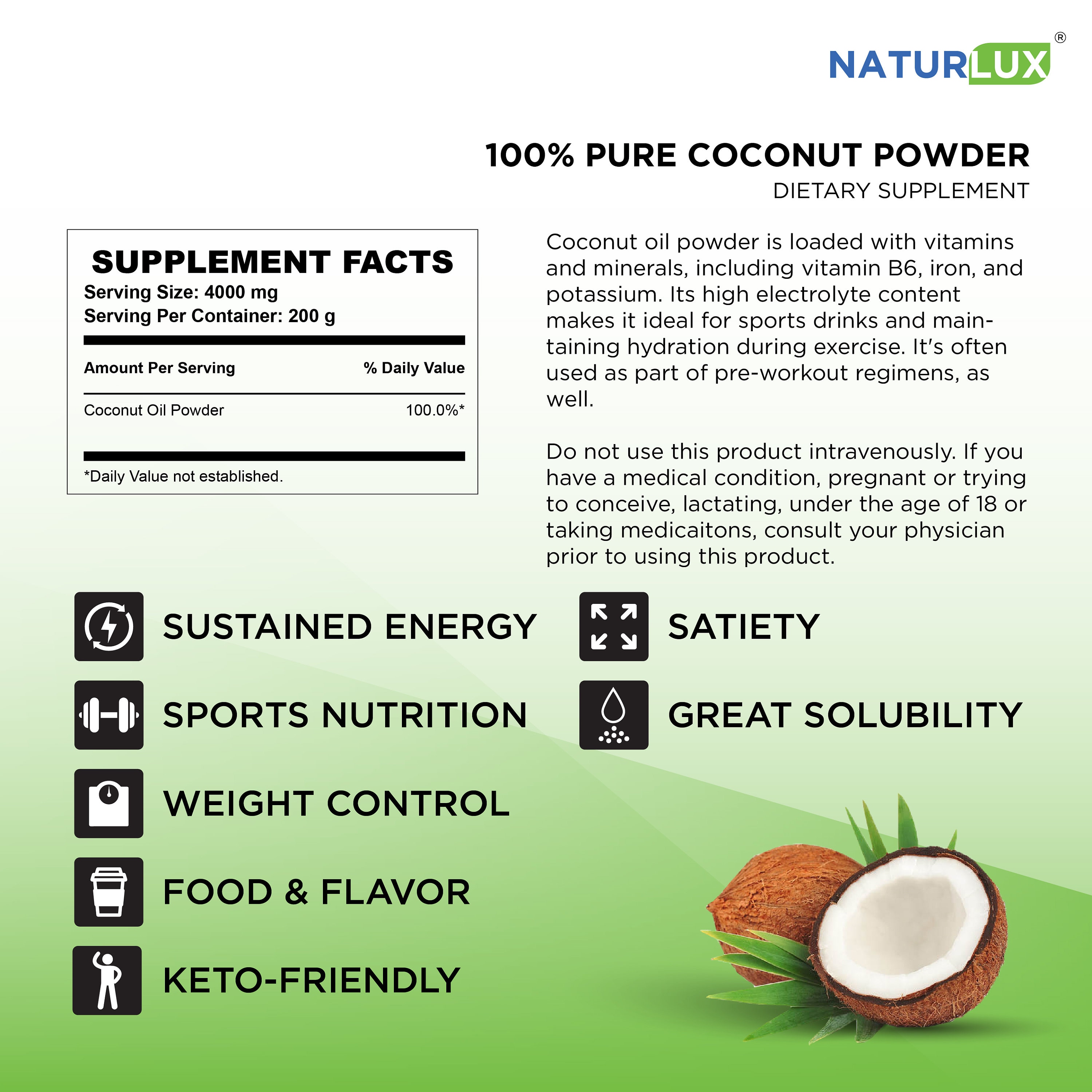 Coconut Oil Powder Made From 100 Pure Coconuts, 200g 0.4lb, No Gmos