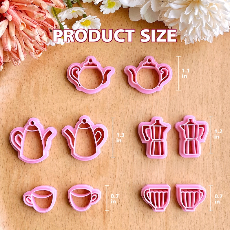 May include: A set of eight pink plastic cookie cutters in the shape of teapots, coffee pots, and cups. The cutters are arranged in two rows of four on a wooden surface. The text "PRODUCT SIZE" is printed above the cutters. Measurements in inches are shown next to the cutters.