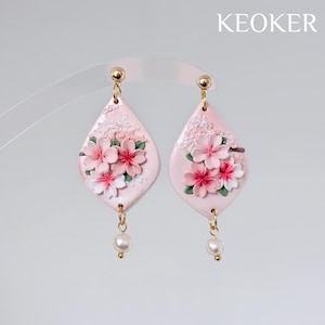 KEOKER Cherry Blossom Polymer Clay Earrings, Floral Clay Earrings, Handmade Earrings, Statement Earrings #7-1pair