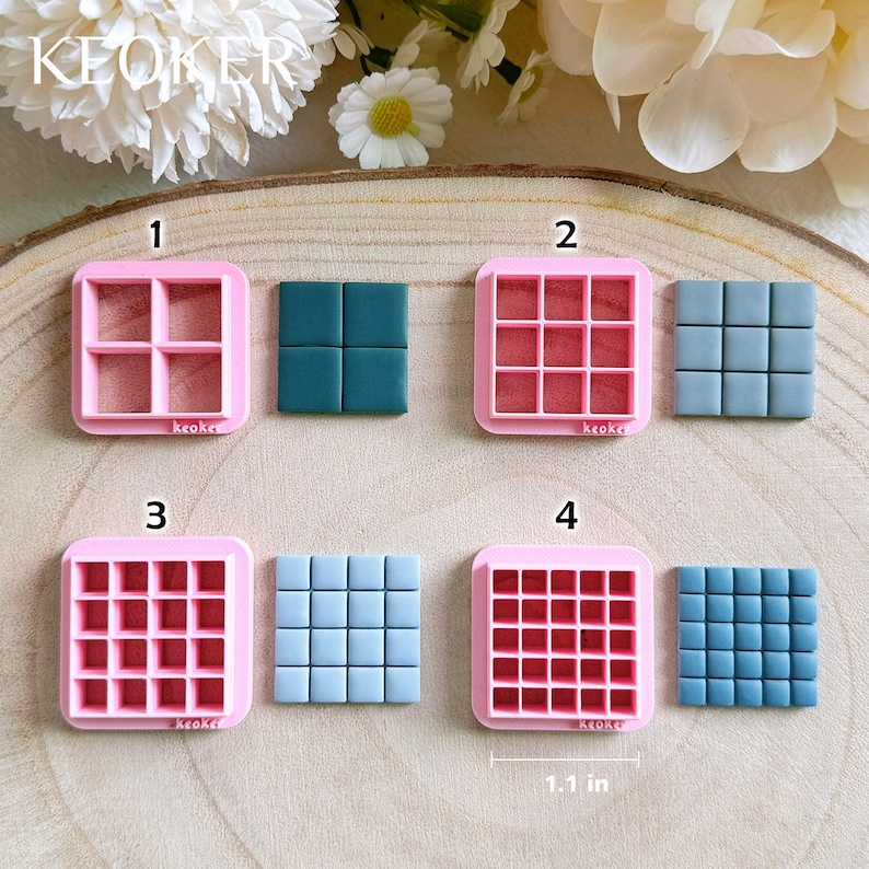 Pu&ograve; includere: Quattro stampi in silicone rosa per realizzare piastrelle in pasta polimerica. Gli stampi sono numerati da 1 a 4. Ogni stampo ha un numero diverso di quadrati. Gli stampi sono larghi 1,1 pollici.