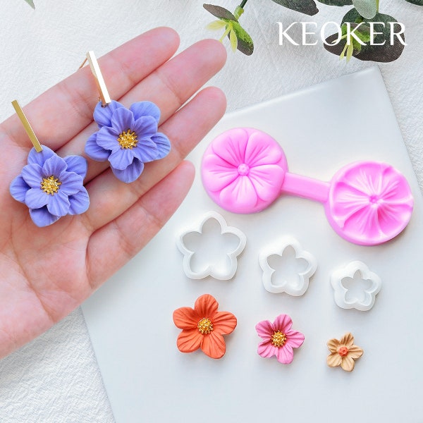 Keoker Flower Petal Clay Cutters & Molds- Flower Petals Clay Cutters for Earrings Making, 3 Shapes with Petal Press Polymer Clay Molds