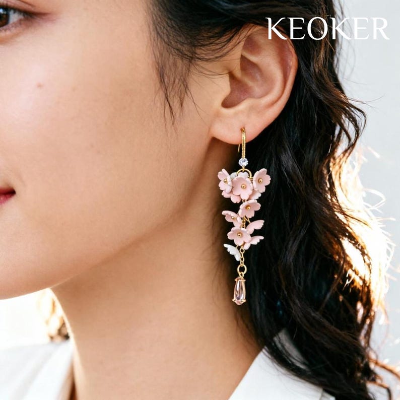 KEOKER Cherry Blossom Polymer Clay Earrings, Floral Clay Earrings, Handmade Earrings, Statement Earrings image 11
